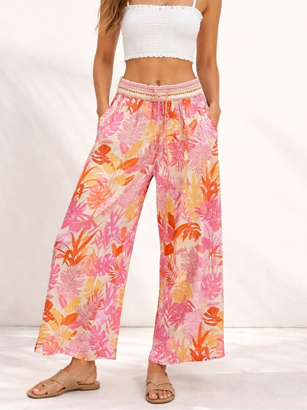 Haute Hippie Tropical Wide Leg Pants Pink Orange Print M